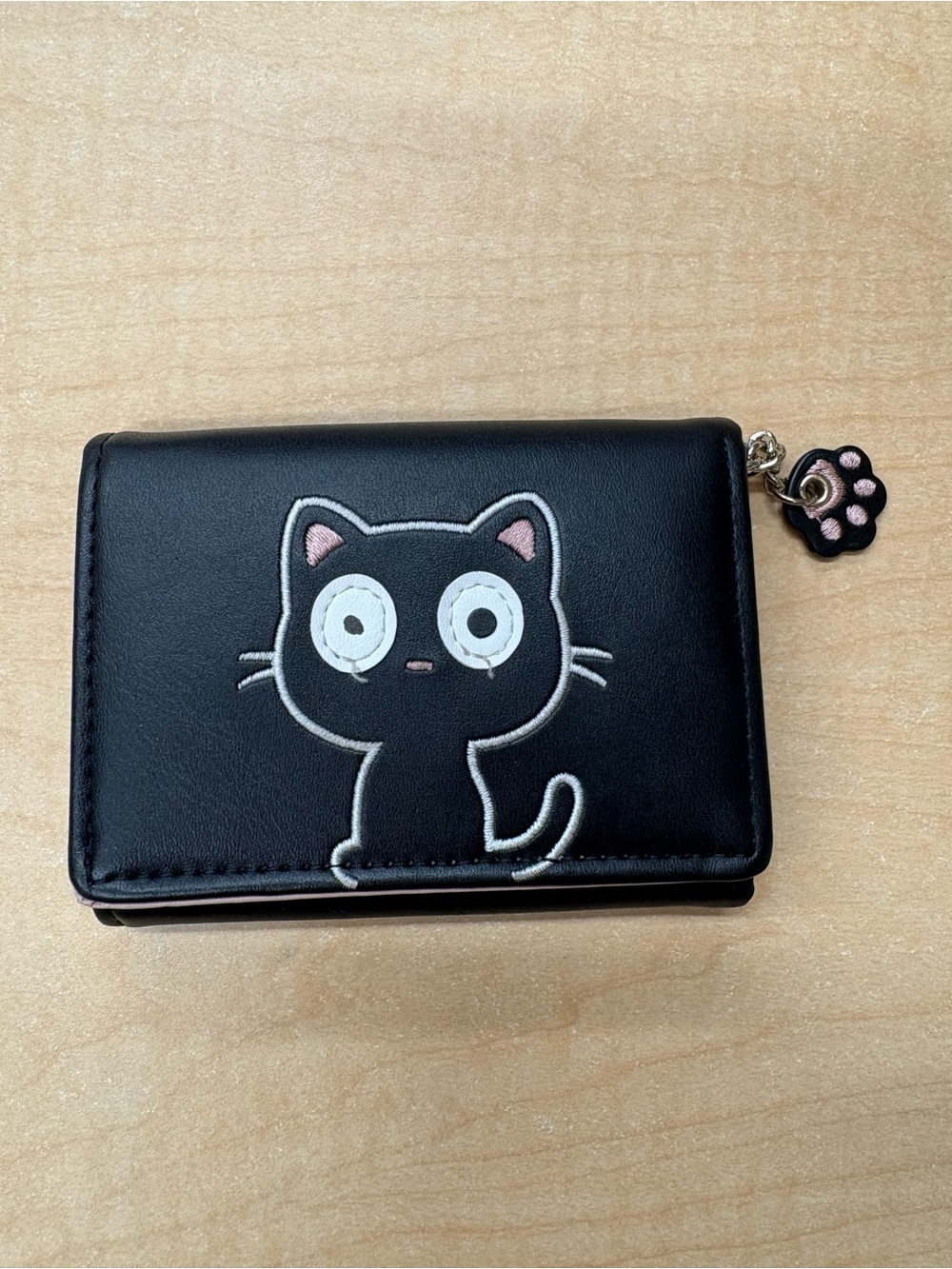 Kawaii Black Cat Embroidered Trifold Wallet Pink Heart ID